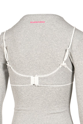 GREY LACE-TRIM BRALETTE DETAIL LONG SLEEVE HENLEY SHIRT / GRY
