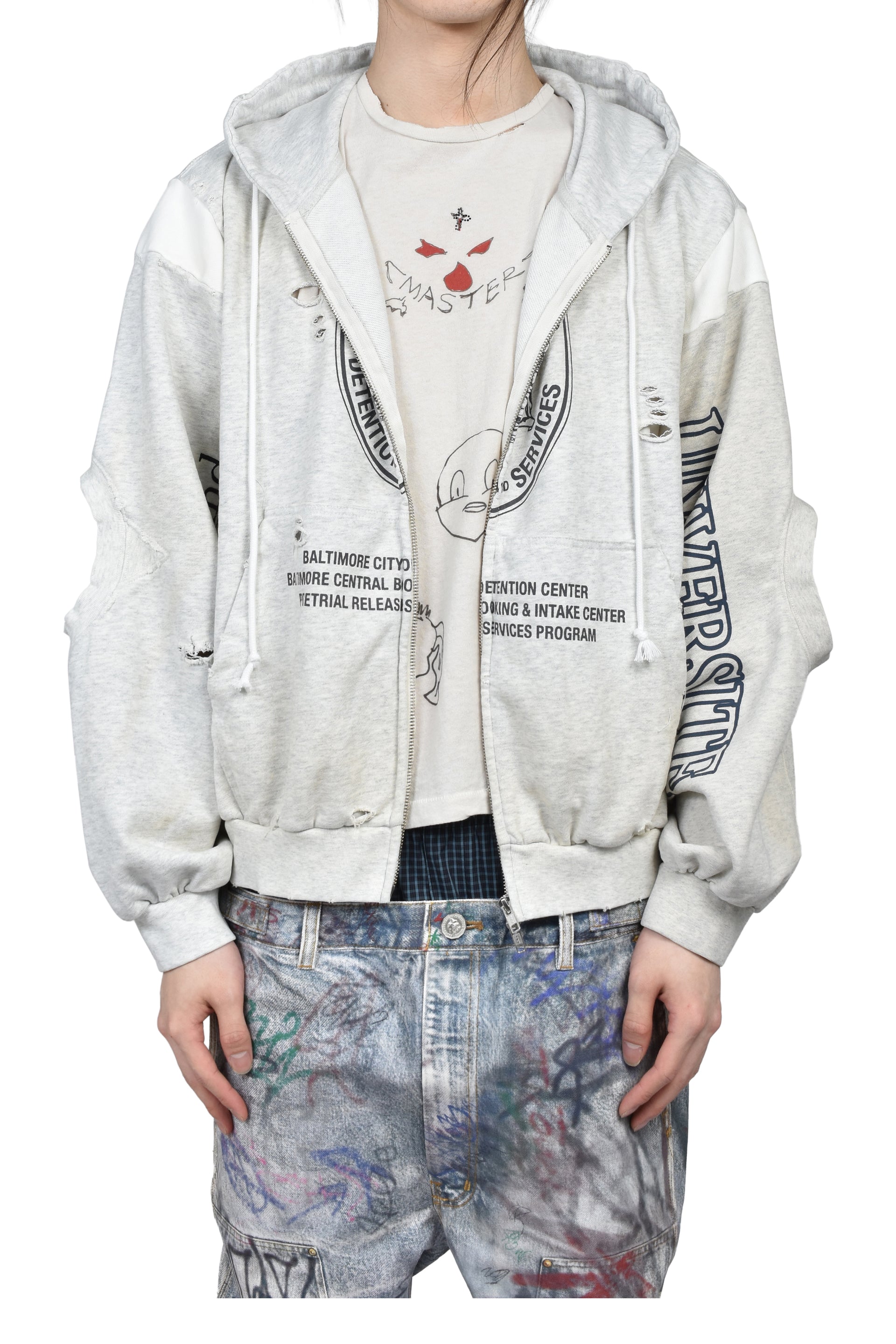 RECONSTRUCTED SWEATSHIRTS ZIP HOODIE / WHT MELANGE