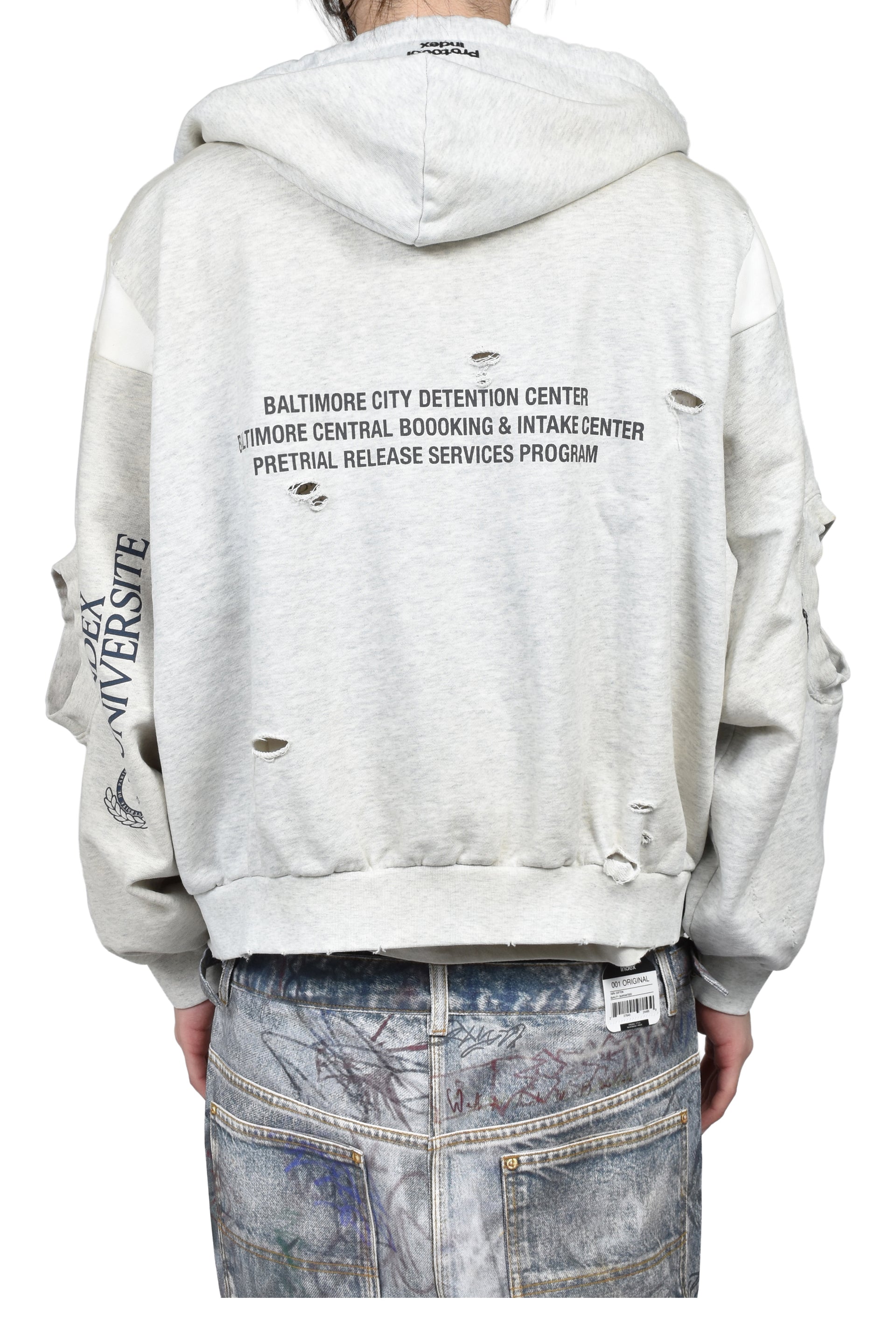 RECONSTRUCTED SWEATSHIRTS ZIP HOODIE / WHT MELANGE