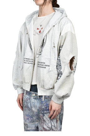 RECONSTRUCTED SWEATSHIRTS ZIP HOODIE / WHT MELANGE