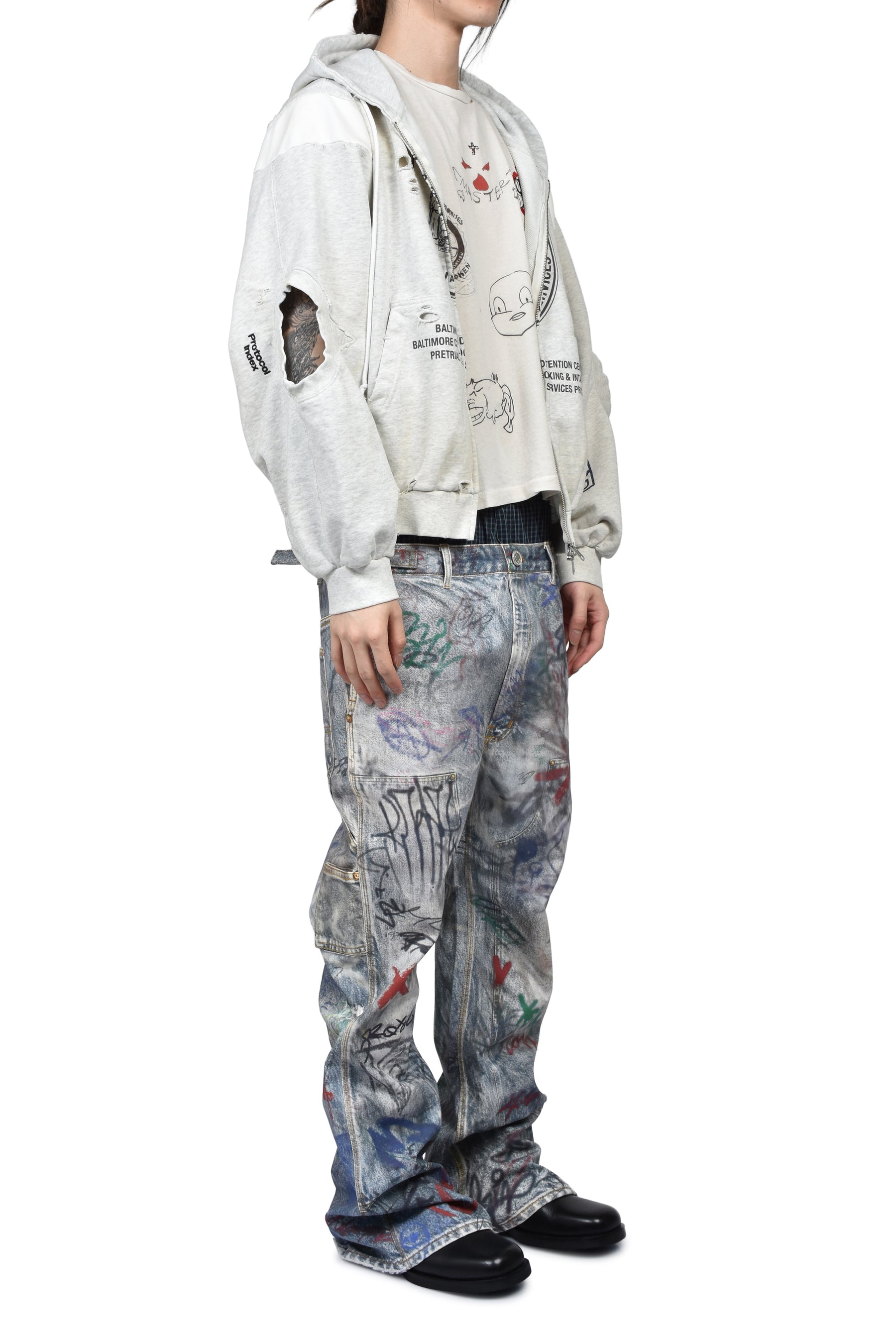 RECONSTRUCTED SWEATSHIRTS ZIP HOODIE / WHT MELANGE