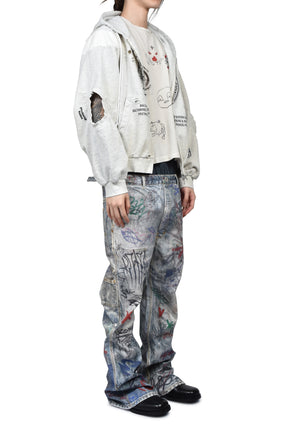 RECONSTRUCTED SWEATSHIRTS ZIP HOODIE / WHT MELANGE