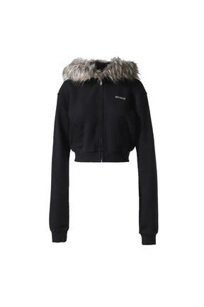 BLACK WOMENS FUR CROPPED HOODIE ZIP-UP / BLK