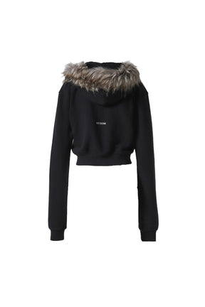 BLACK WOMENS FUR CROPPED HOODIE ZIP-UP / BLK