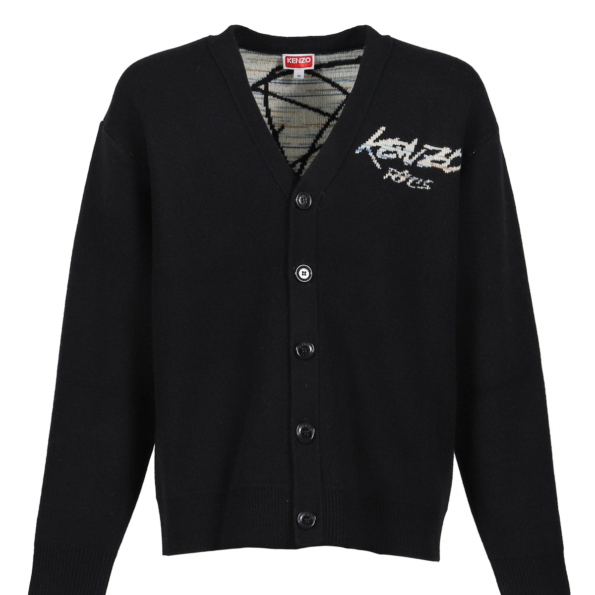 【大幅値下げ中】KENZO ブラック カーディガン　メンズM Kenzo メンズウール Boke Flower パッチ Vネックカーディガン