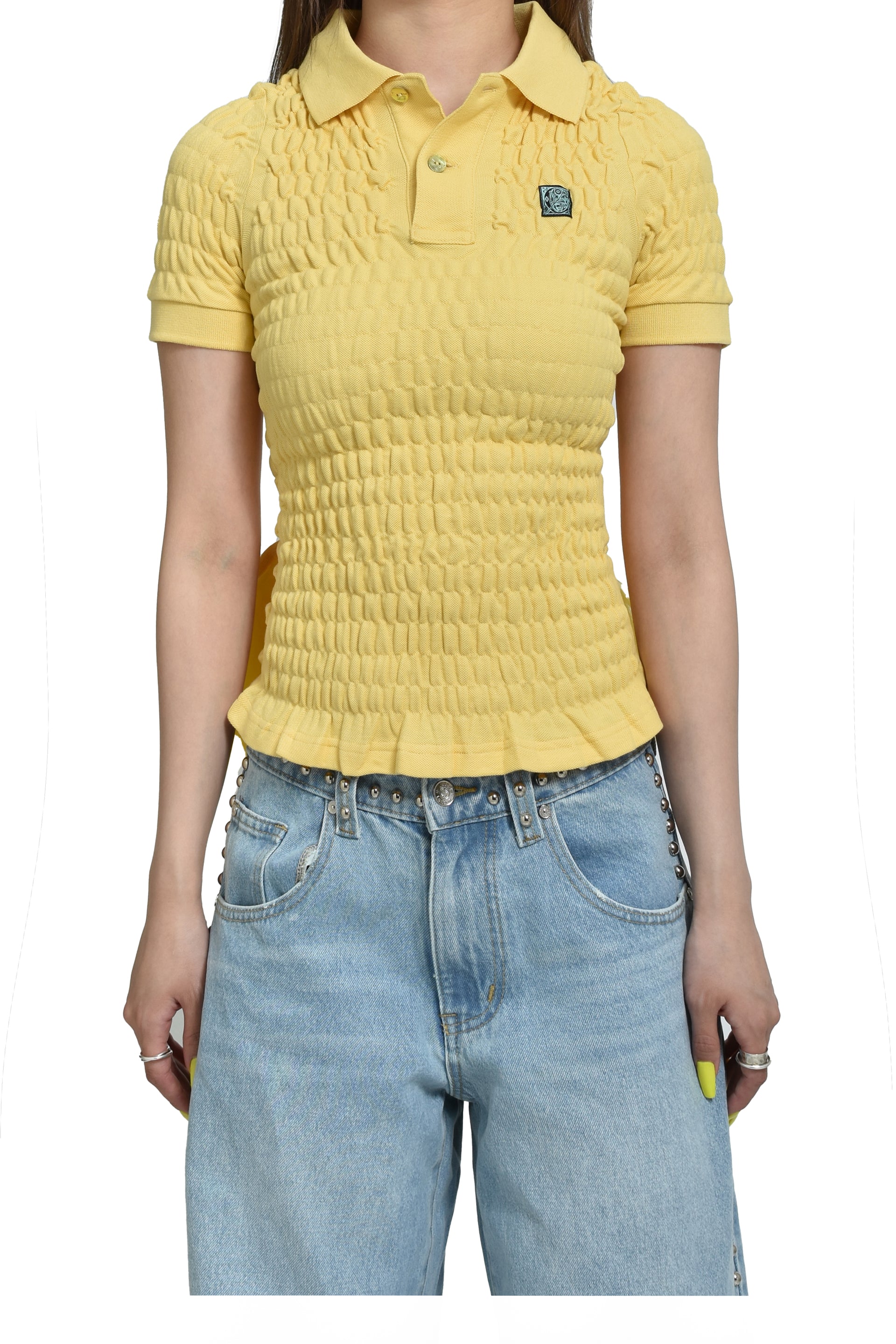 YELLOW SHIRRED POLO BUSTLE SHIRT / YEL 