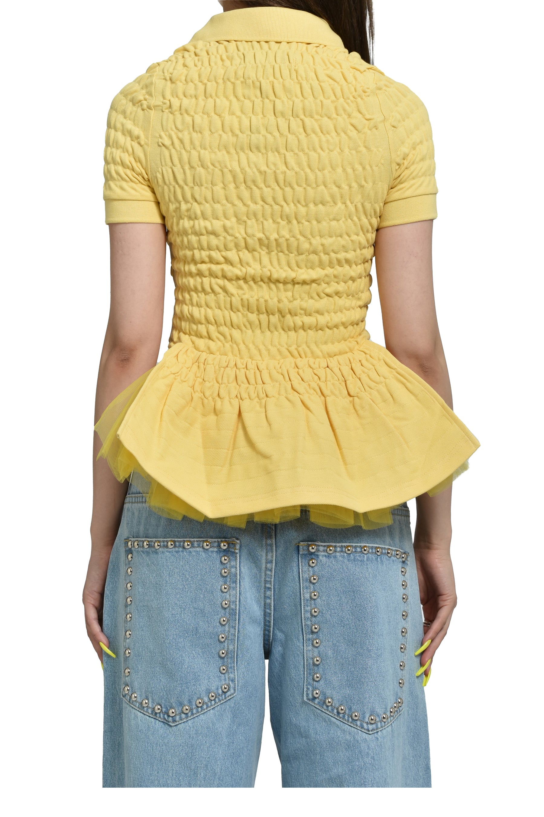 YELLOW SHIRRED POLO BUSTLE SHIRT / YEL