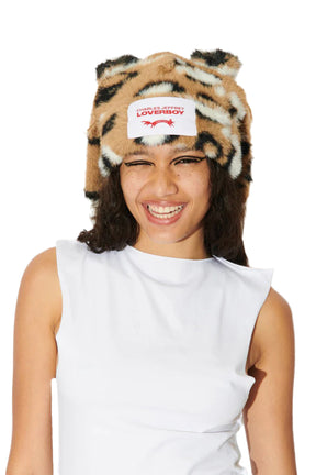 FLUFFY CHUNKY RABBIT BEANIE / BROWN LEOPARD