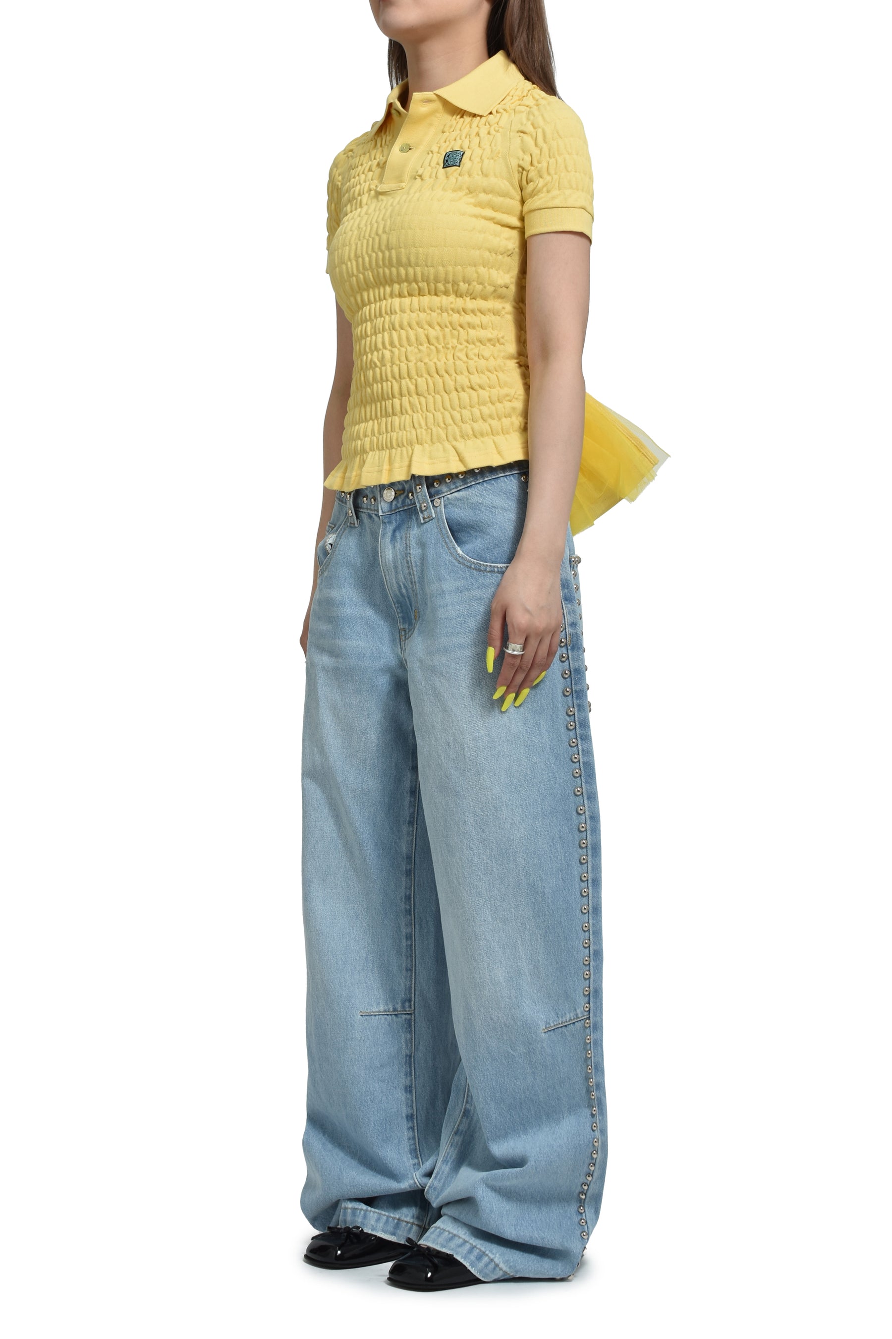 YELLOW SHIRRED POLO BUSTLE SHIRT / YEL