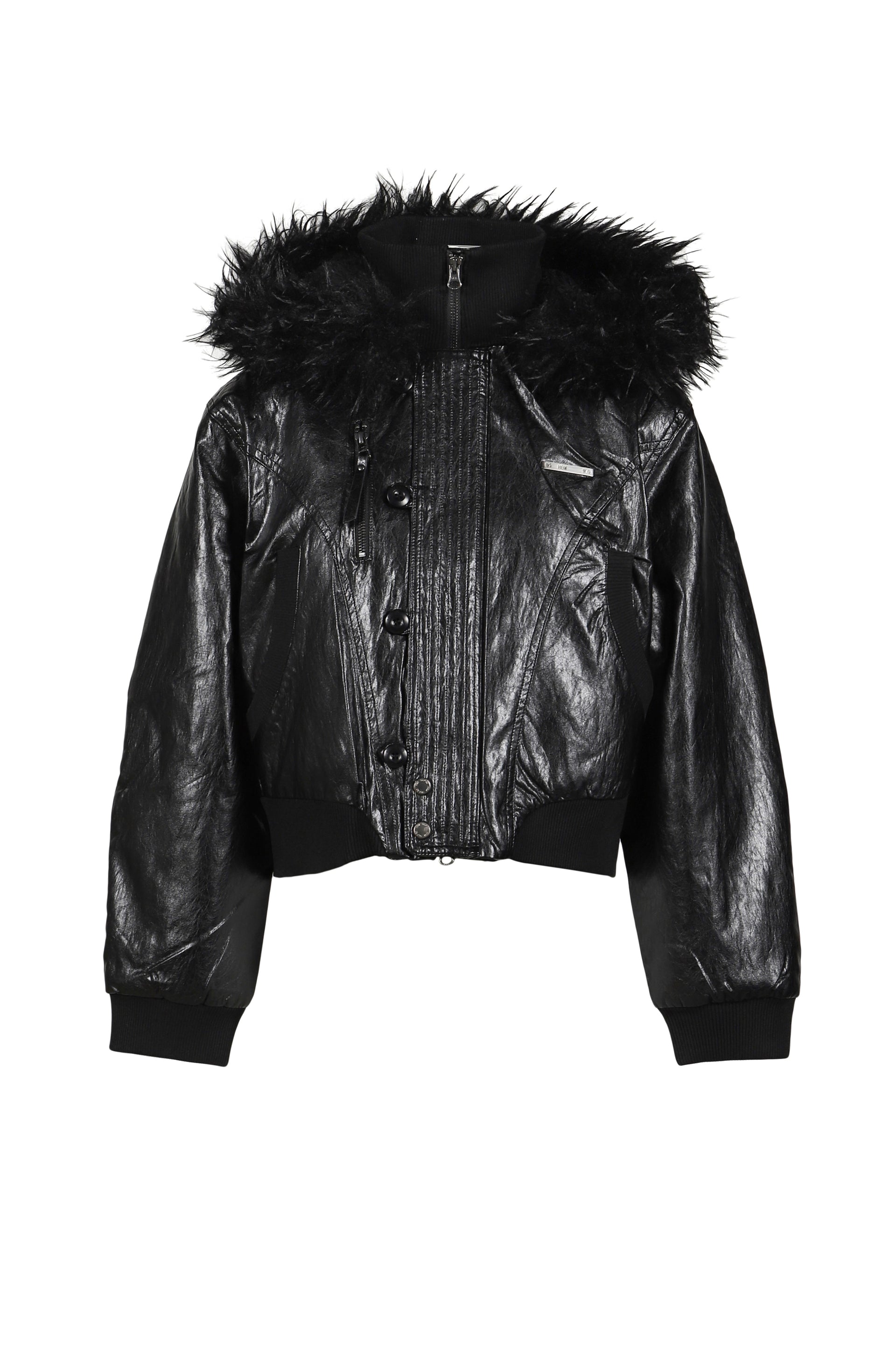 LEATHER FUR HOOD JUMPER / BLK