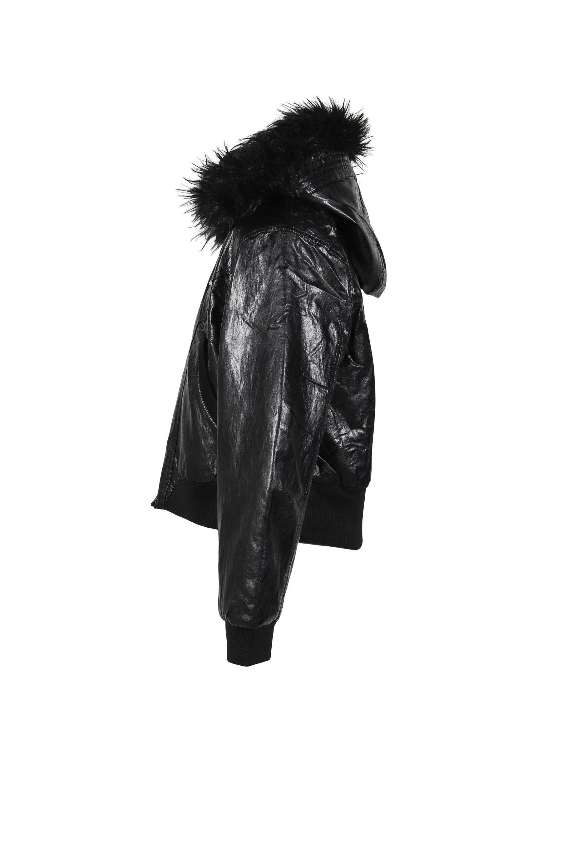 LEATHER FUR HOOD JUMPER / BLK