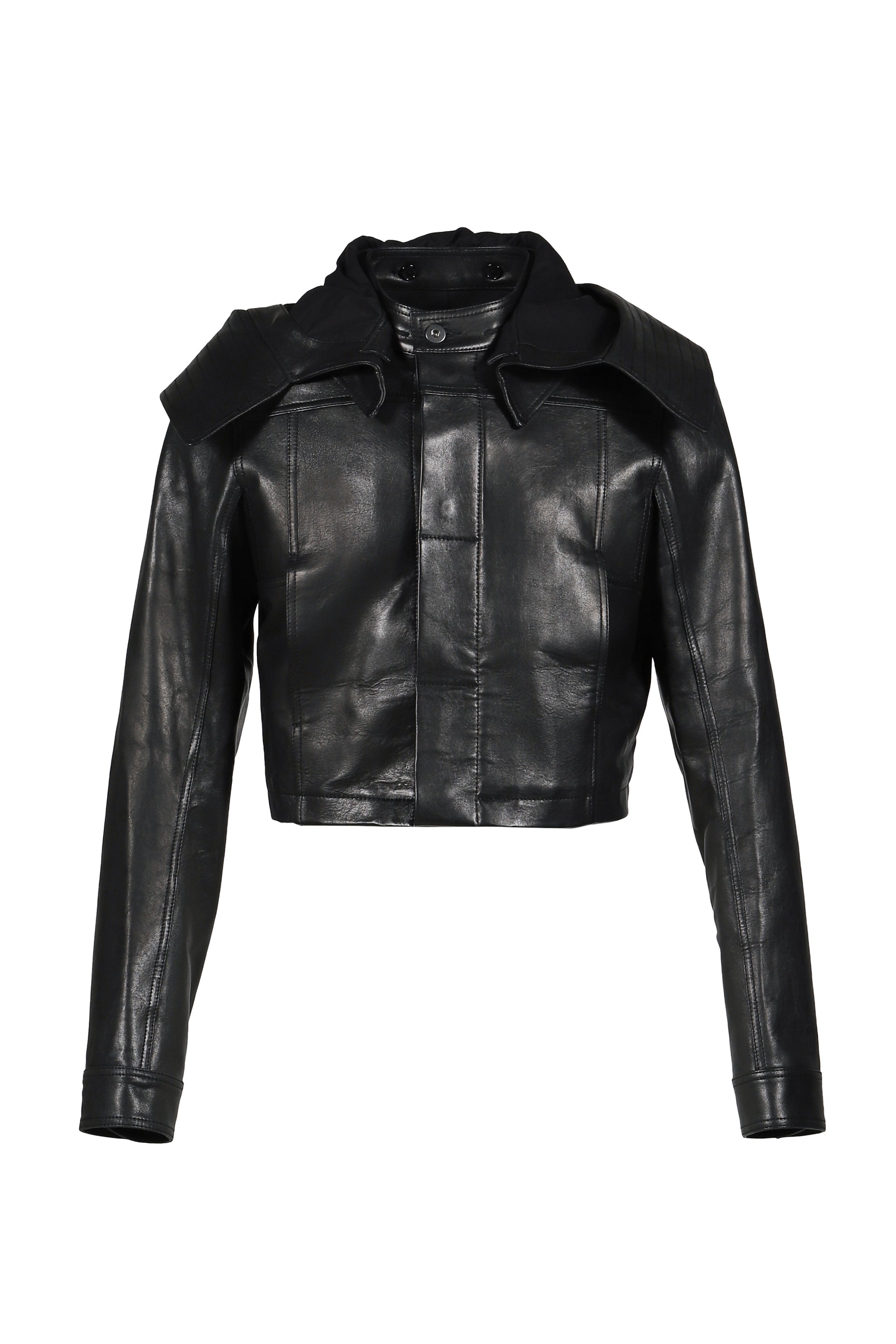 LEATHER HOODED JACKET / BLK