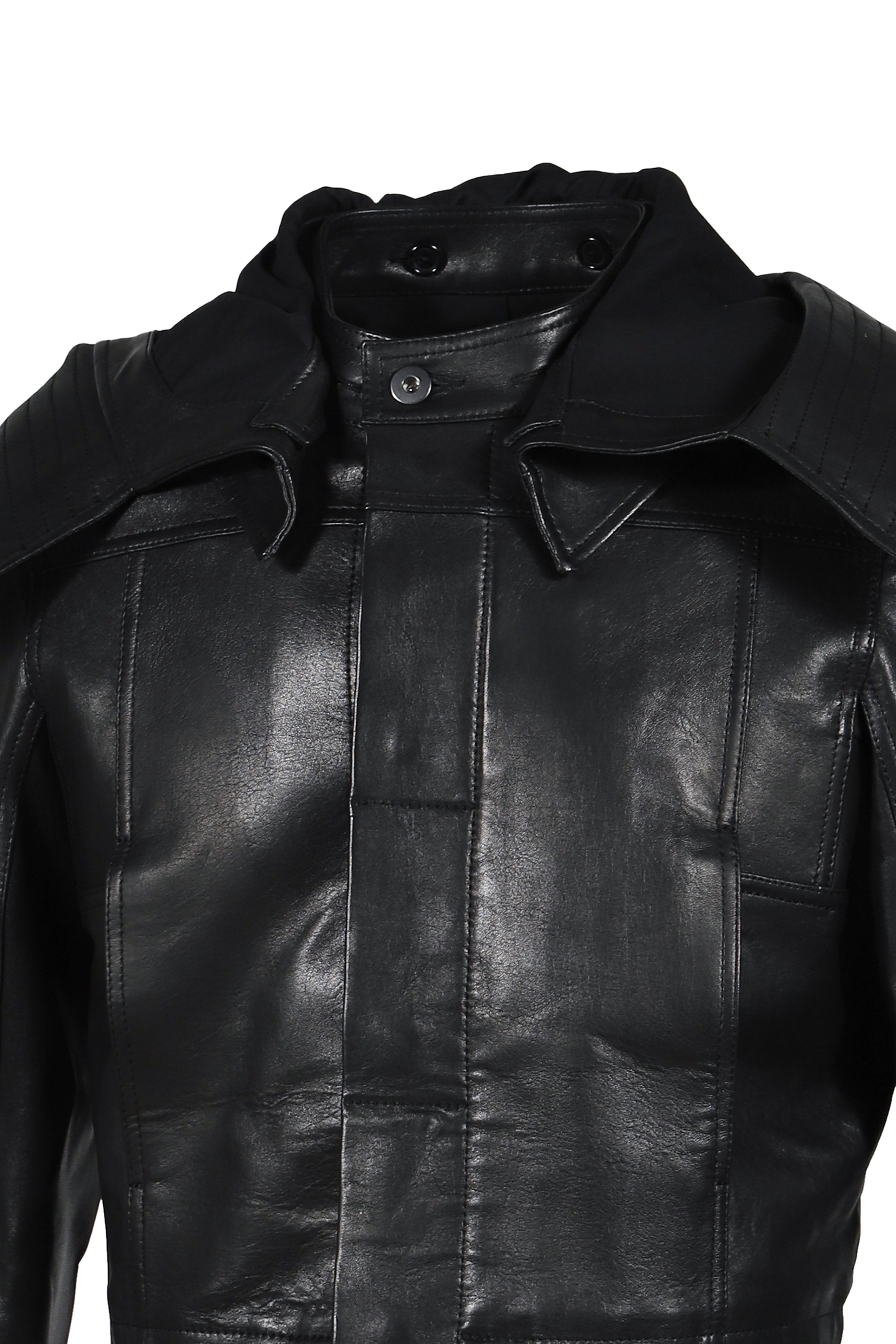 LEATHER HOODED JACKET / BLK