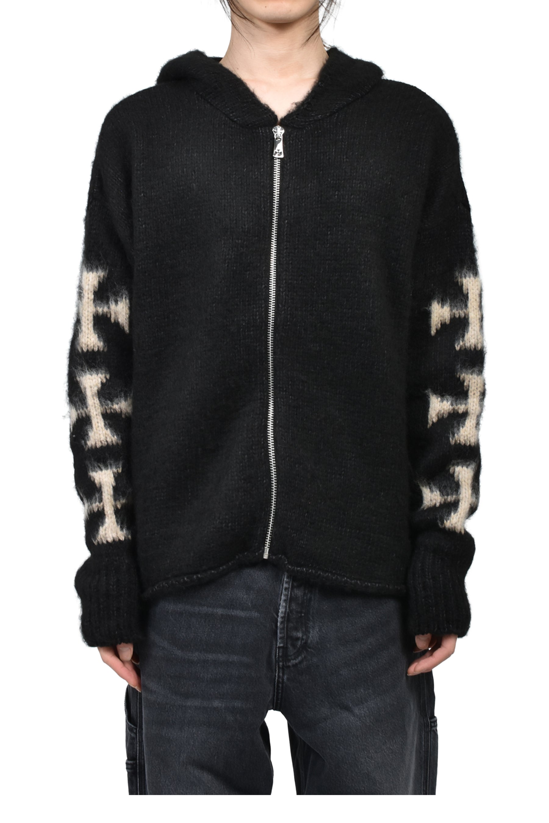 RAGLAN BRUSHED CROSS ZIP KNIT HOODIE / BLK 