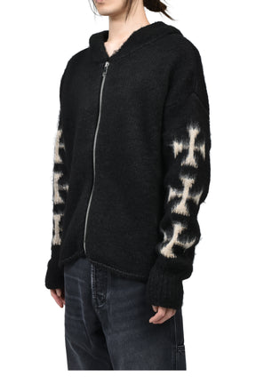 RAGLAN BRUSHED CROSS ZIP KNIT HOODIE / BLK 