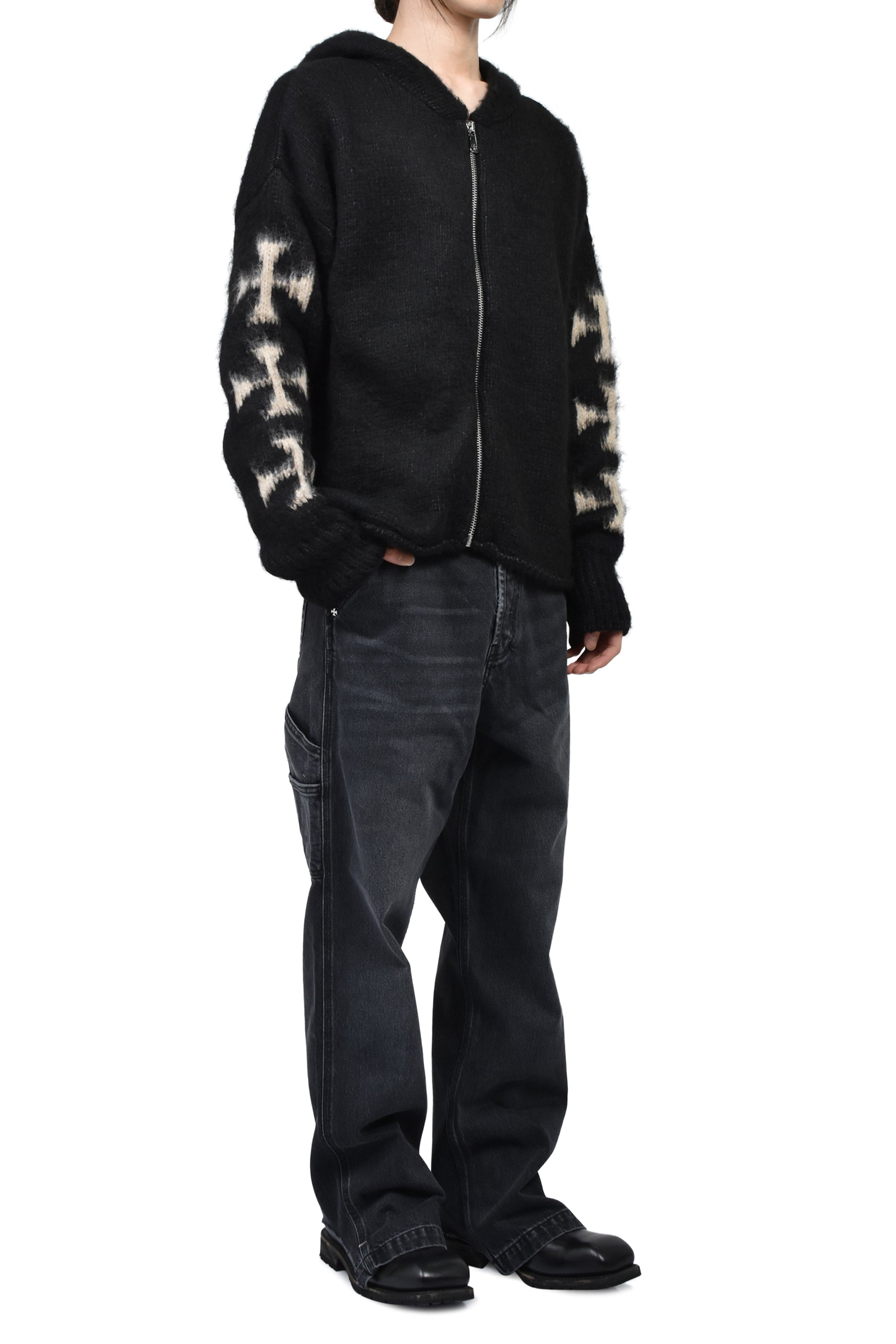 RAGLAN BRUSHED CROSS ZIP KNIT HOODIE / BLK 