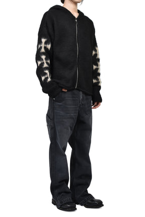 RAGLAN BRUSHED CROSS ZIP KNIT HOODIE / BLK 