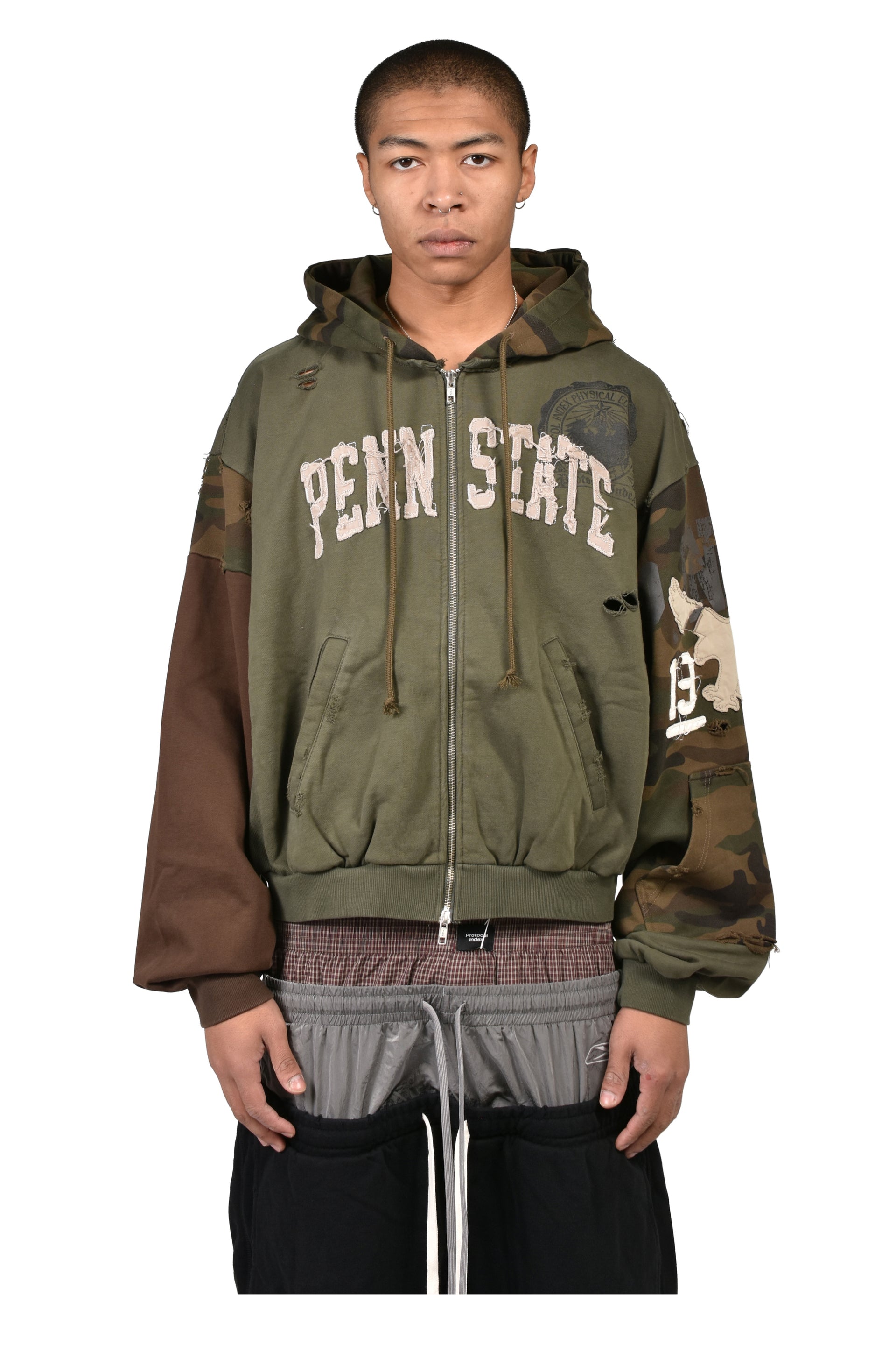 RECONSTRUCTED APPLIQUE SWEATSHIRT ZIP HOODIE / CAMO