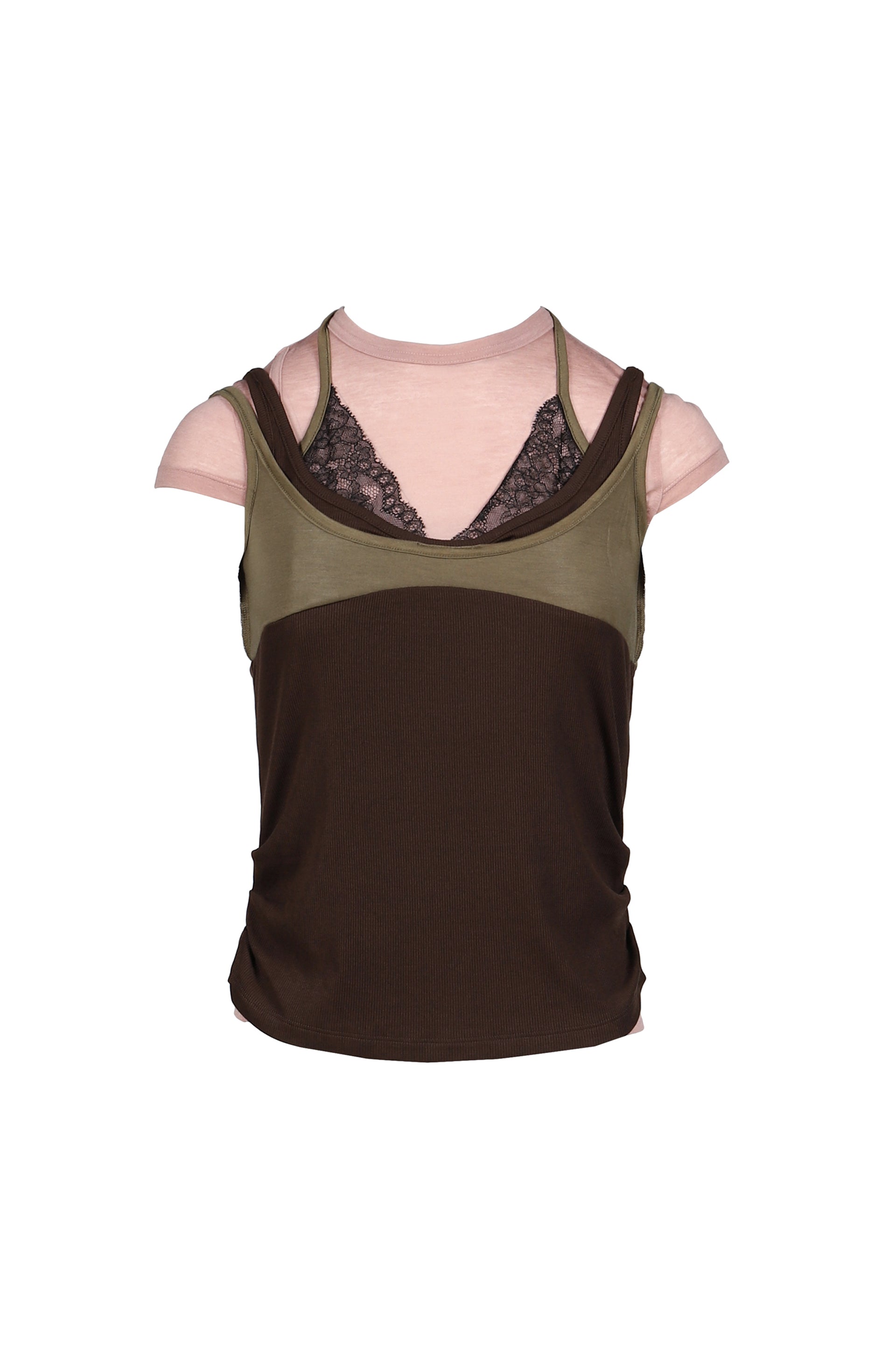 UPSIDE-DOWN LAYERED T-SHIRT / PNK/BRW