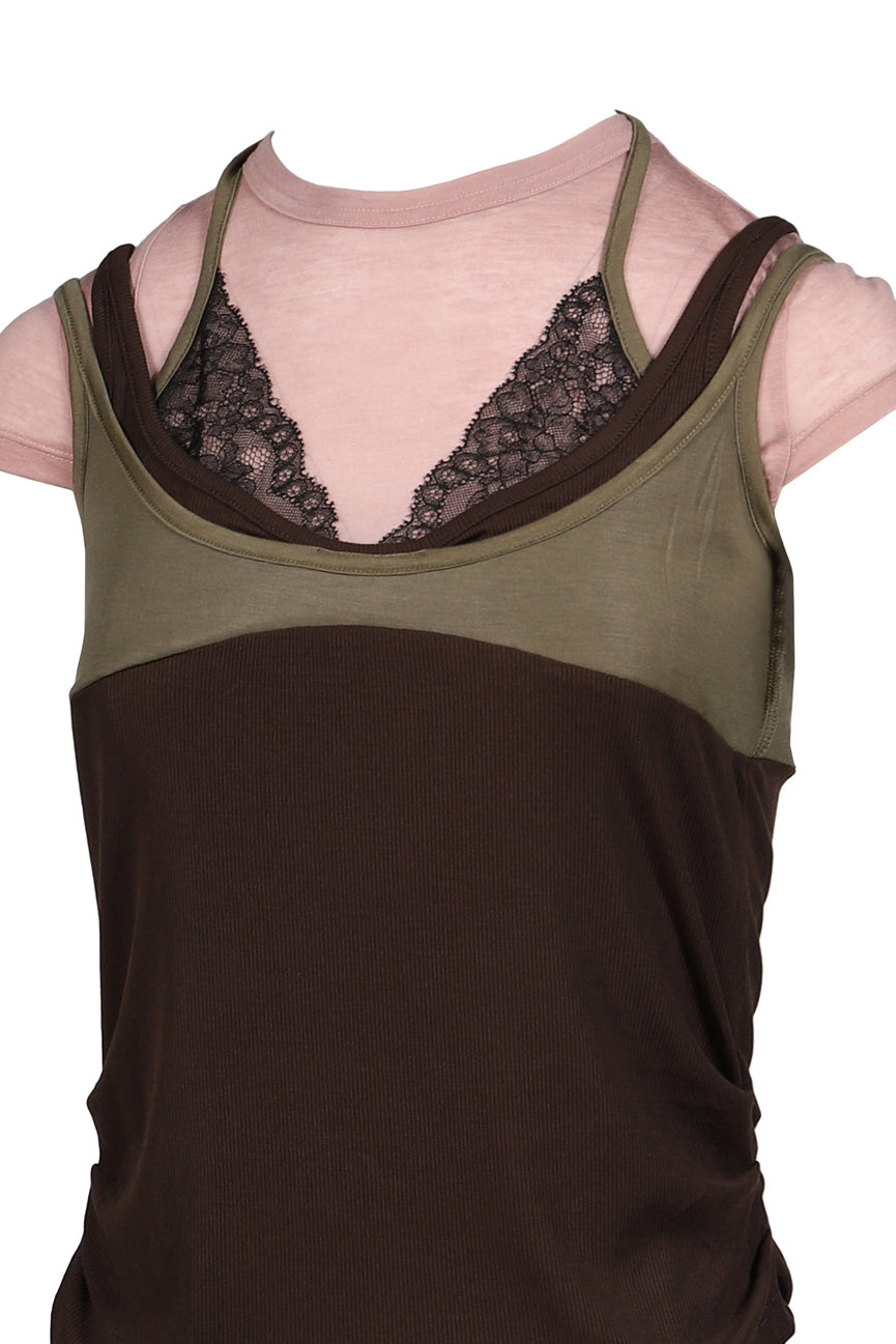 UPSIDE-DOWN LAYERED T-SHIRT / PNK/BRW