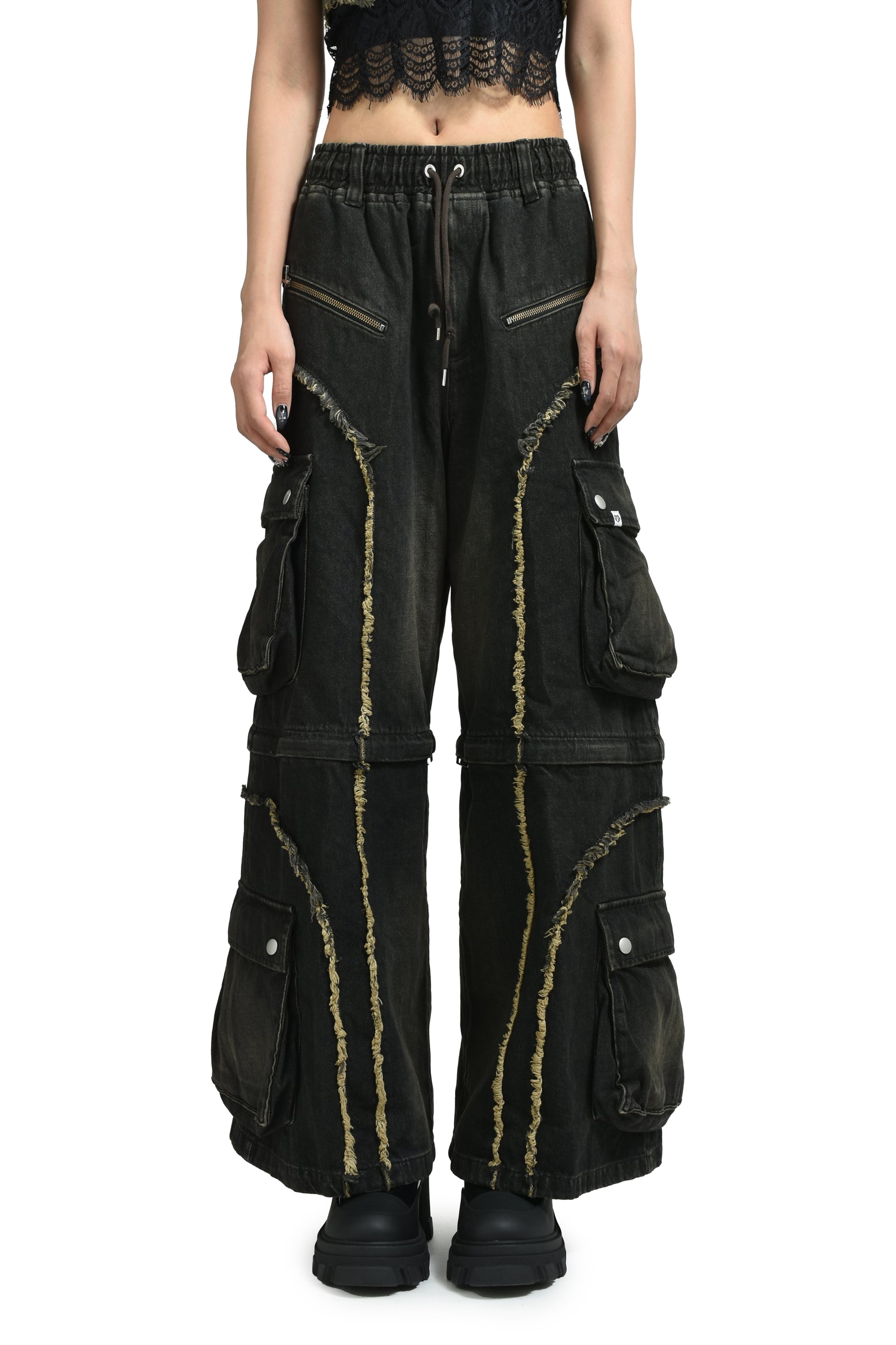 SPLIT DENIM CARGO PANTS / BLK