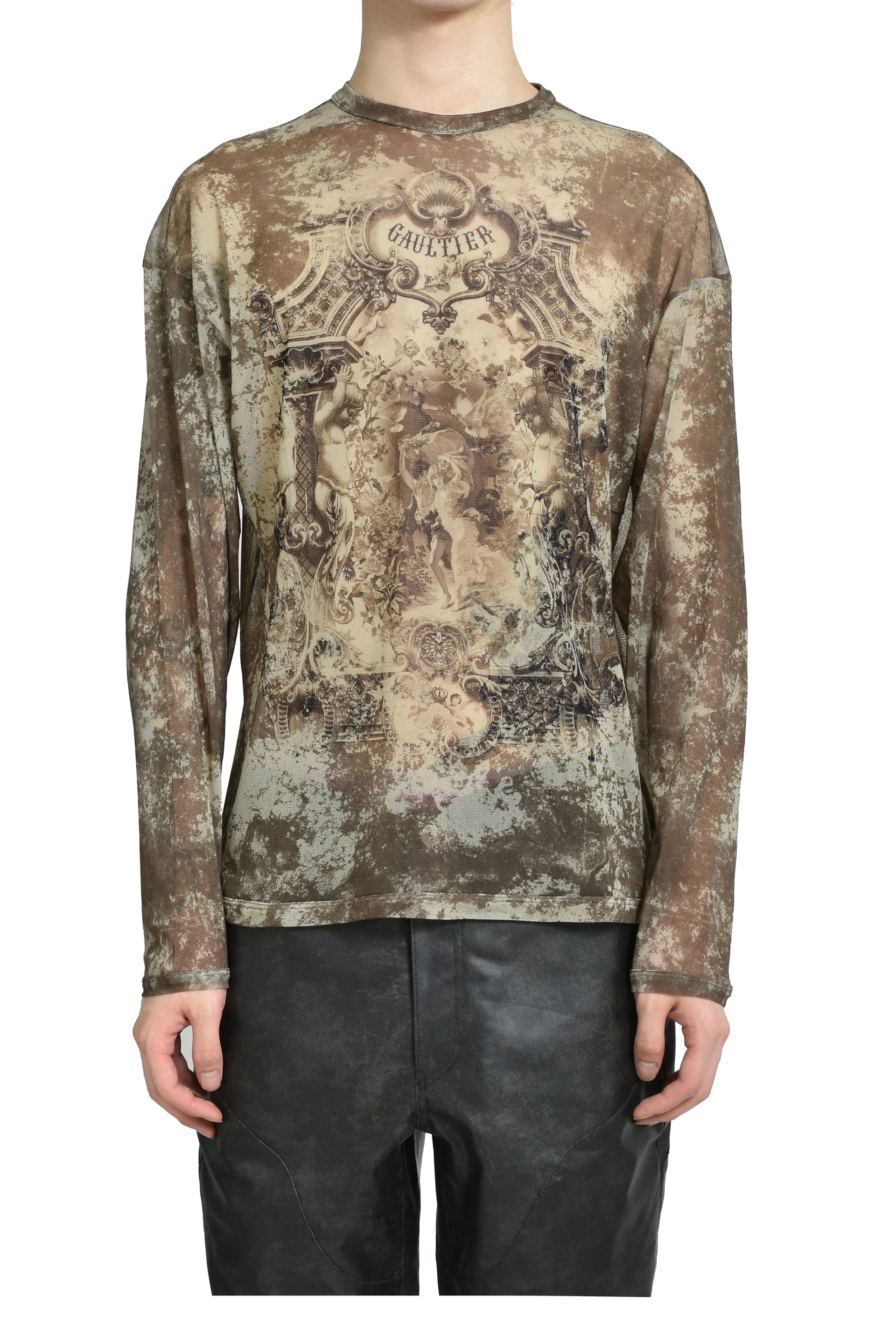 MESH OVERSIZED CREW NECK TOP PRINTED "MEDAILLON" / LT.BEI/TAUPE