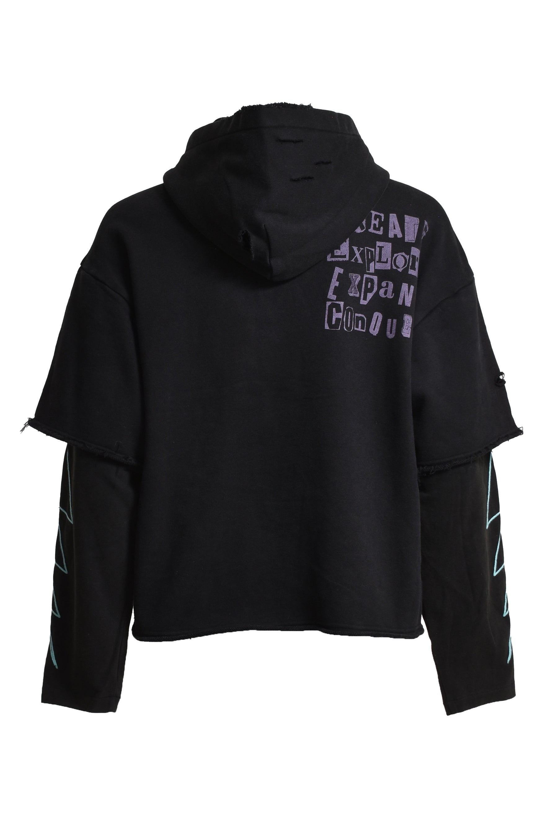 GRAPHIC EMBROIDERY DISTRESSED LAYERED HOODIE / BLK