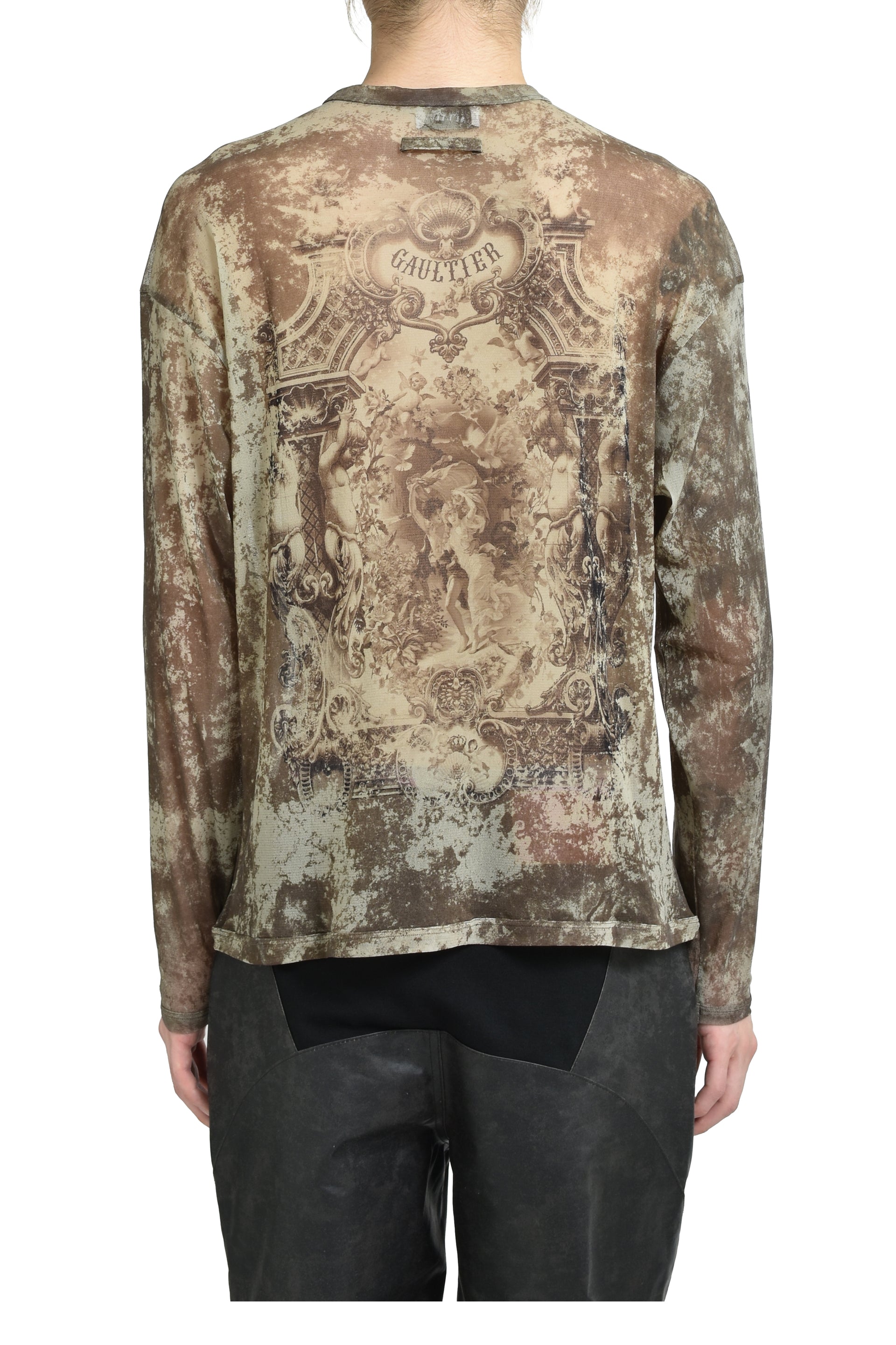 MESH OVERSIZED CREW NECK TOP PRINTED "MEDAILLON" / LT.BEI/TAUPE