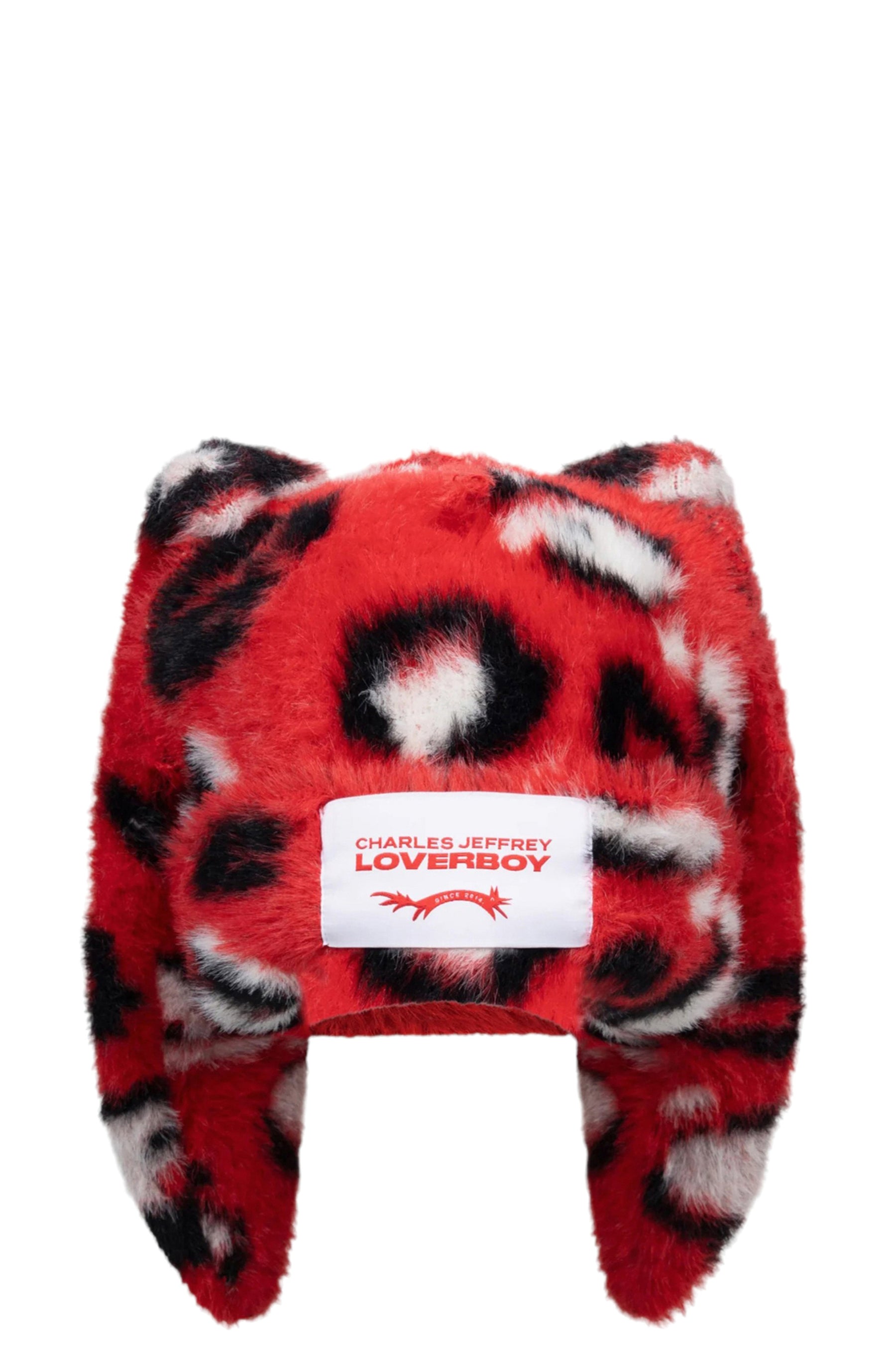 FLUFFY CHUNKY RABBIT BEANIE / RED LEOPARD