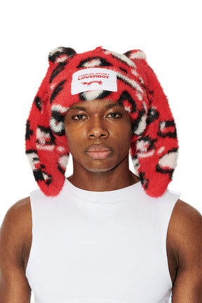 FLUFFY CHUNKY RABBIT BEANIE / RED LEOPARD