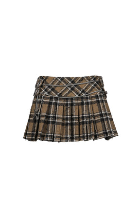 PLAID WOOL PLEATED SKIRT PANTS / BRW