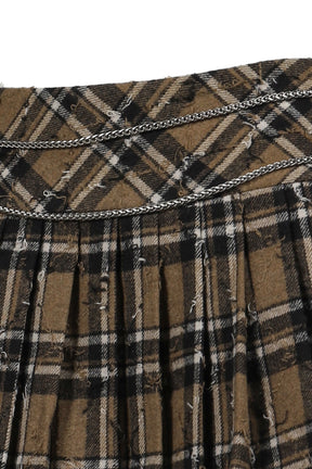 PLAID WOOL PLEATED SKIRT PANTS / BRW