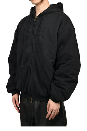 EMBROIDERED CROSS PADDED ZIP-UP HOODIE / BLK
