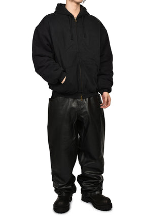 EMBROIDERED CROSS PADDED ZIP-UP HOODIE / BLK