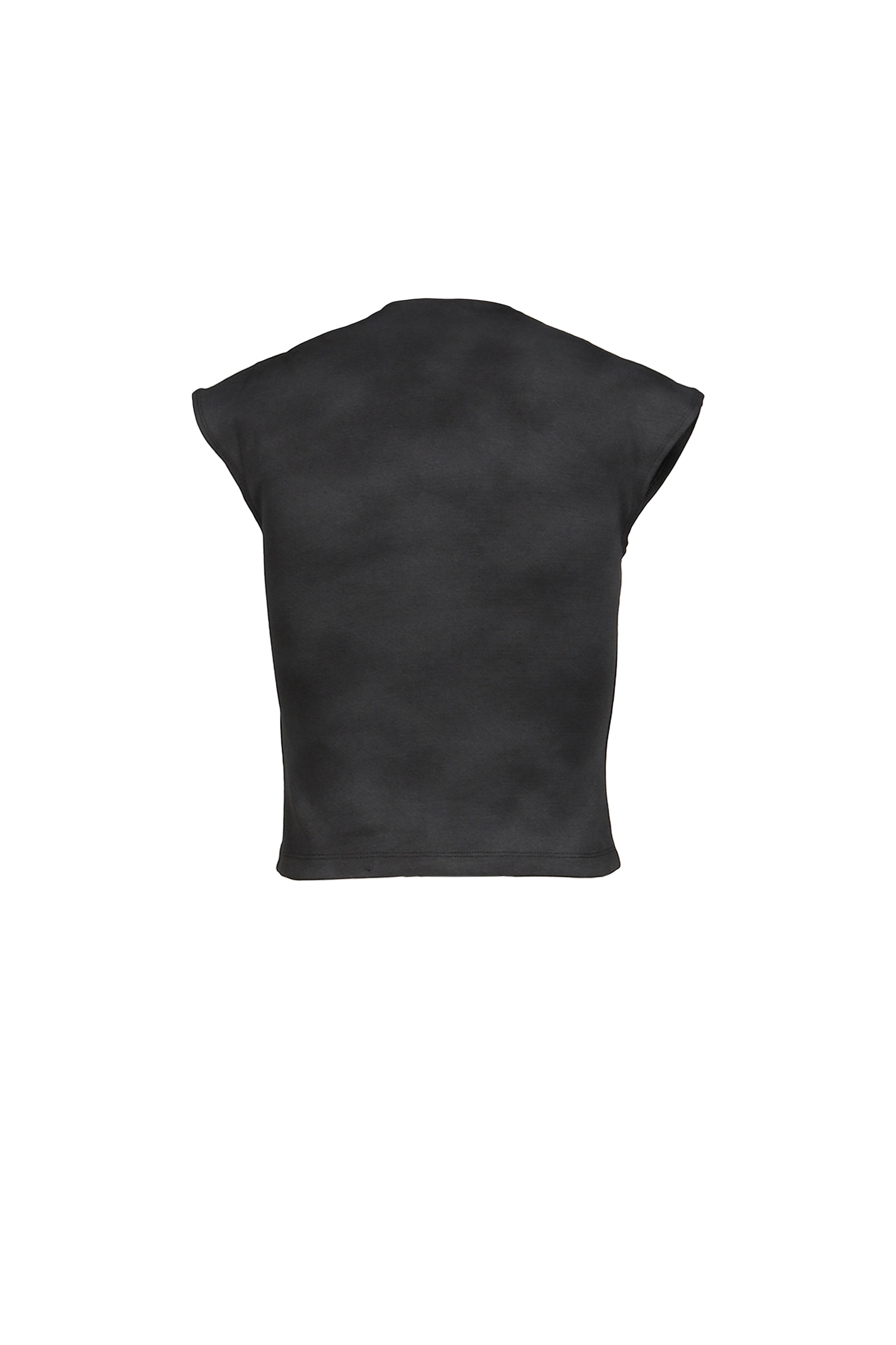 DISTRESSED PRINT HIGH NECK SHORT SLEEVE T-SHIRT / BLK