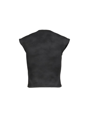 DISTRESSED PRINT HIGH NECK SHORT SLEEVE T-SHIRT / BLK