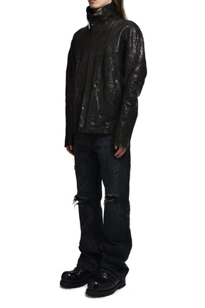 "HUMANOID" HIGH NECK LEATHER JACKET / BLK