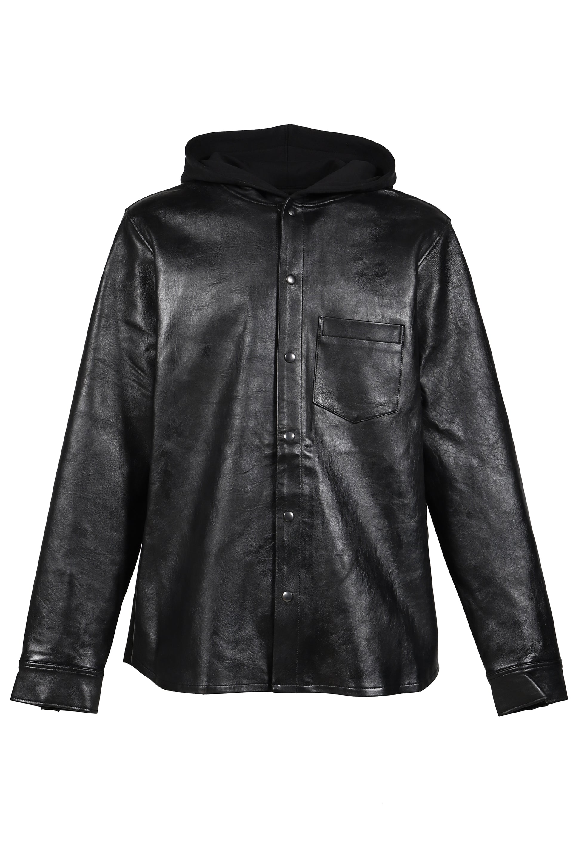 LEATHER HOODED SHIRT / BLK