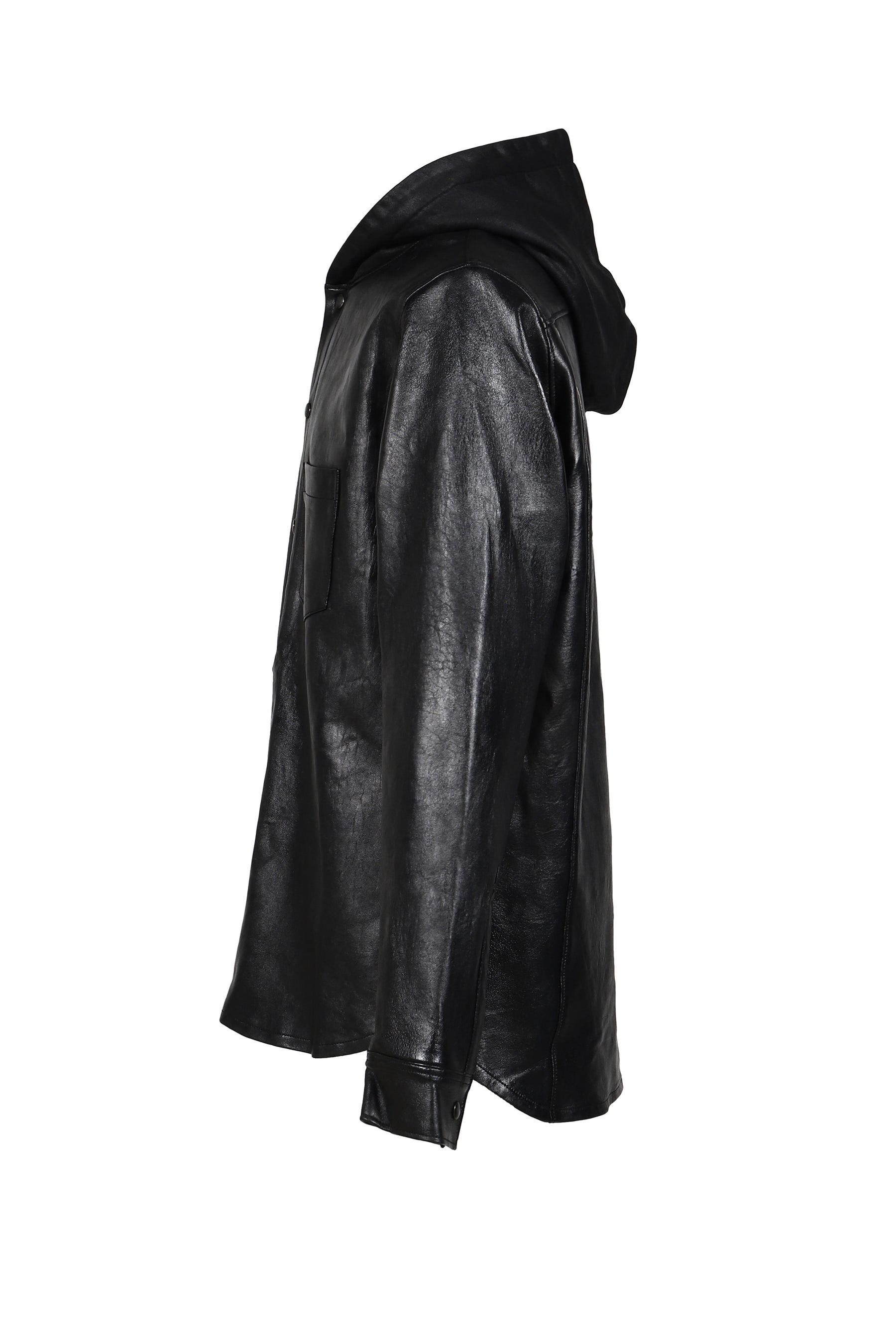 LEATHER HOODED SHIRT / BLK
