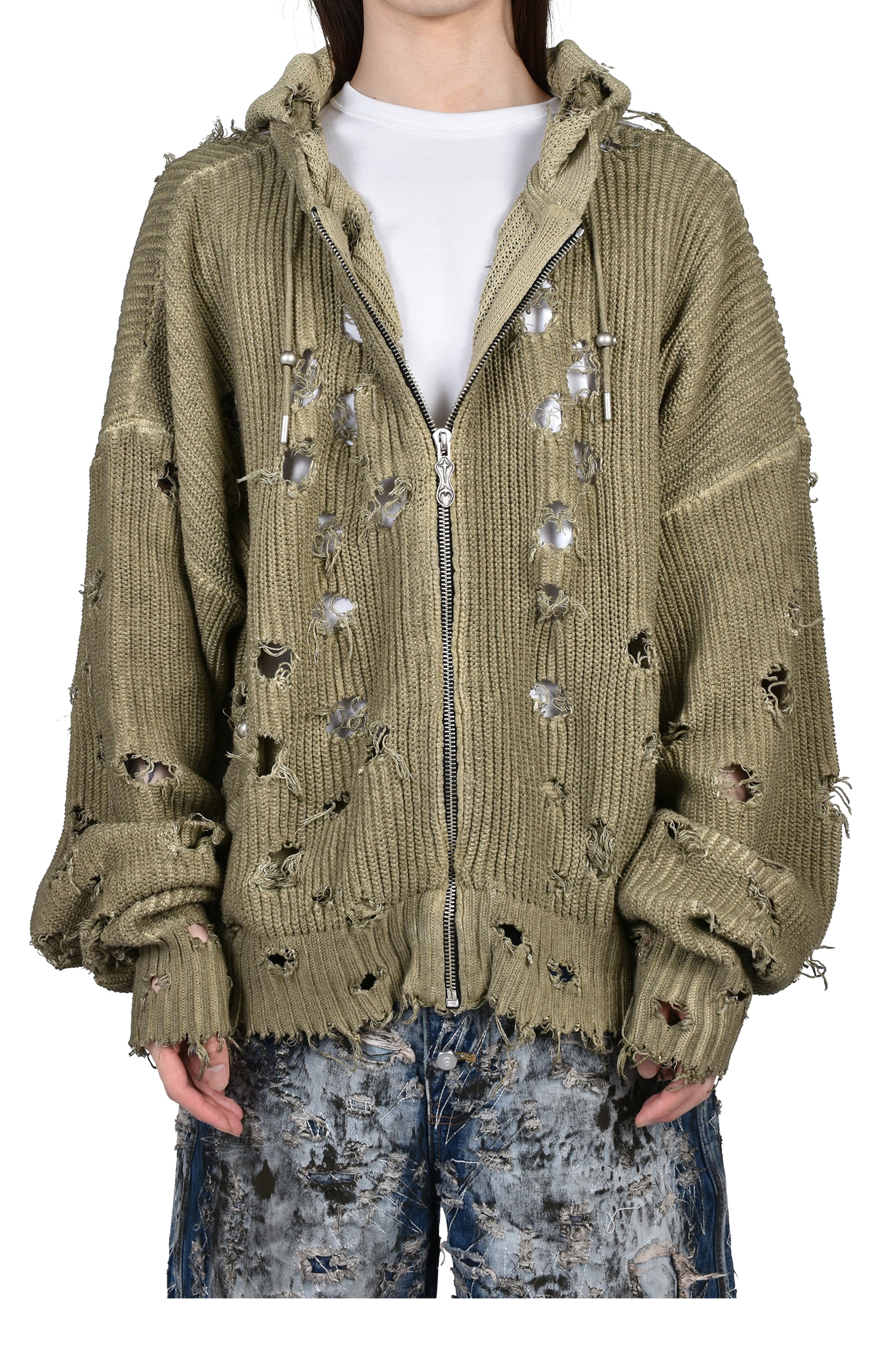 Thug Club サグクラブ SS26 TC DESTROYED KNIT ZIP-UP HOODIE / BEI