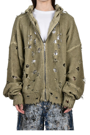 Thug Club サグクラブ SS26 TC DESTROYED KNIT ZIP-UP HOODIE / BEI