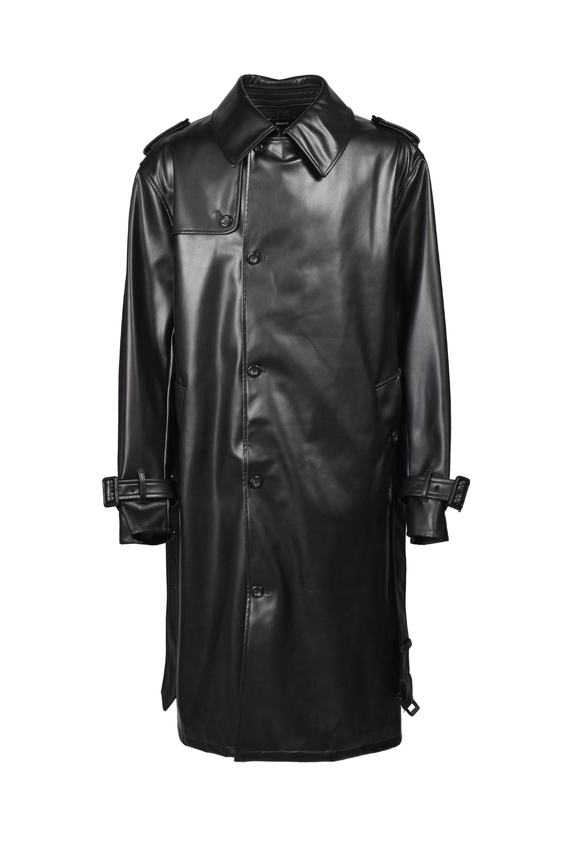 FAUX LEATHER TRENCH COAT / BLK
