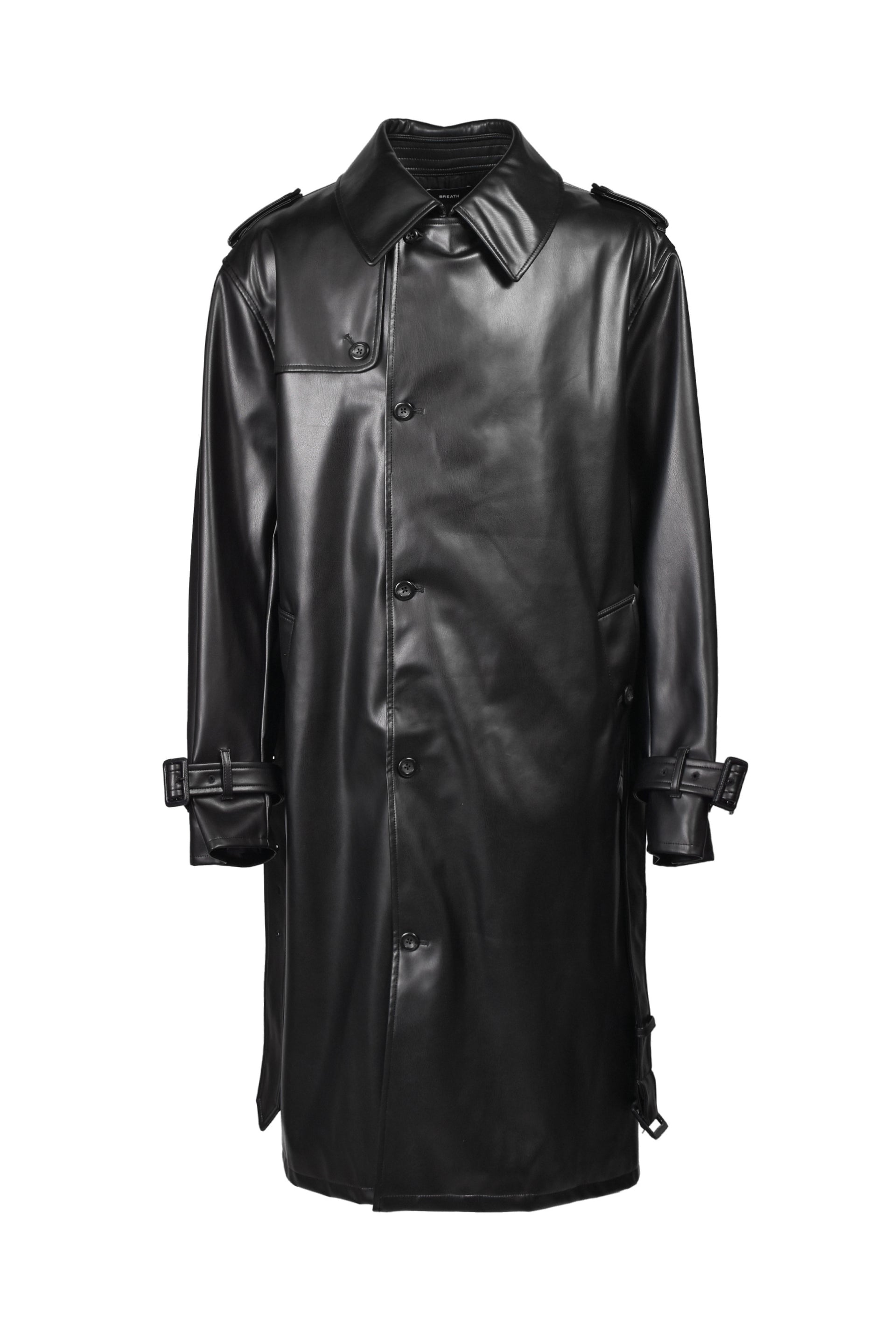 FAUX LEATHER TRENCH COAT / BLK