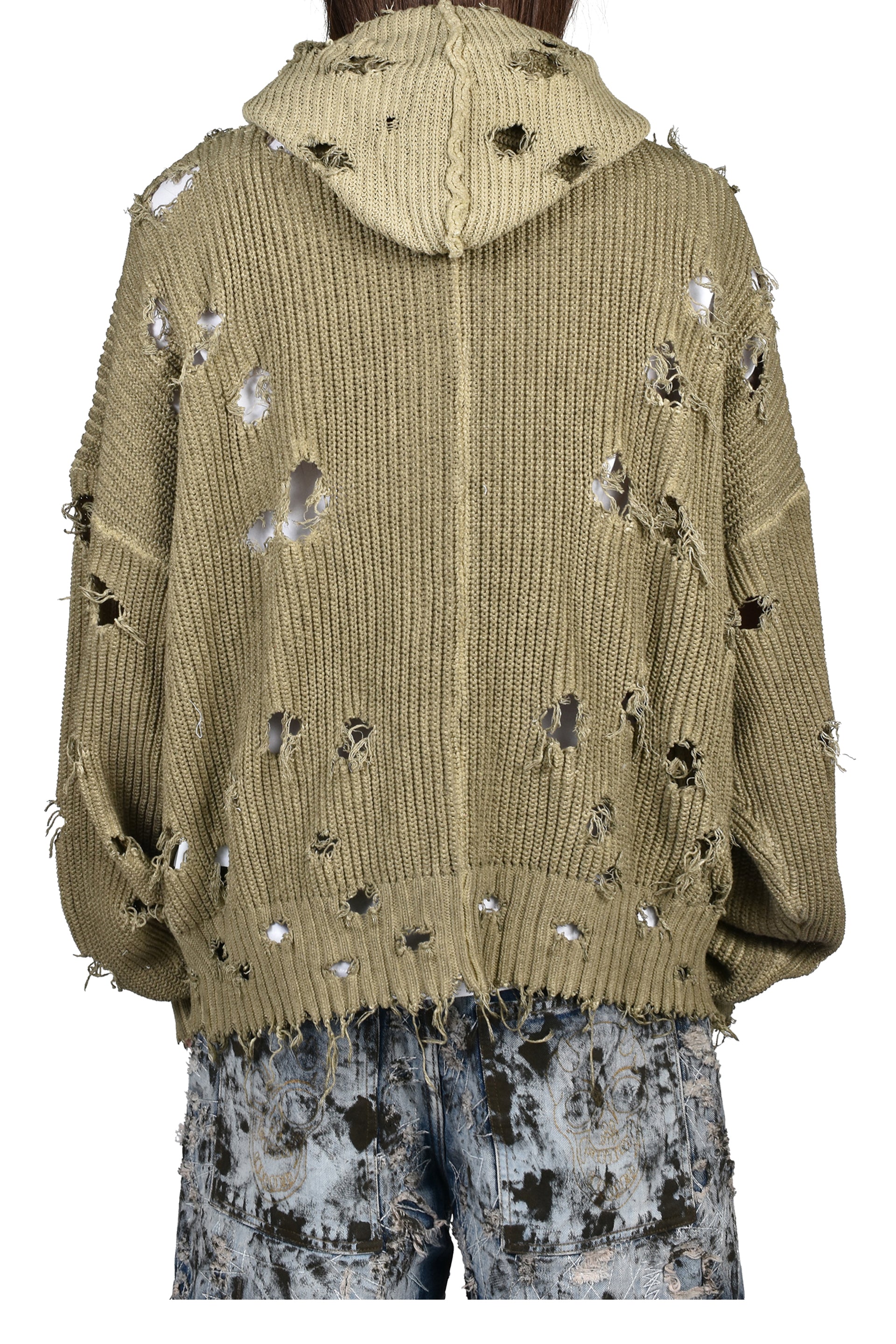 TC DESTROYED KNIT ZIP-UP HOODIE / BEI