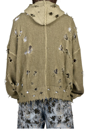 TC DESTROYED KNIT ZIP-UP HOODIE / BEIGE