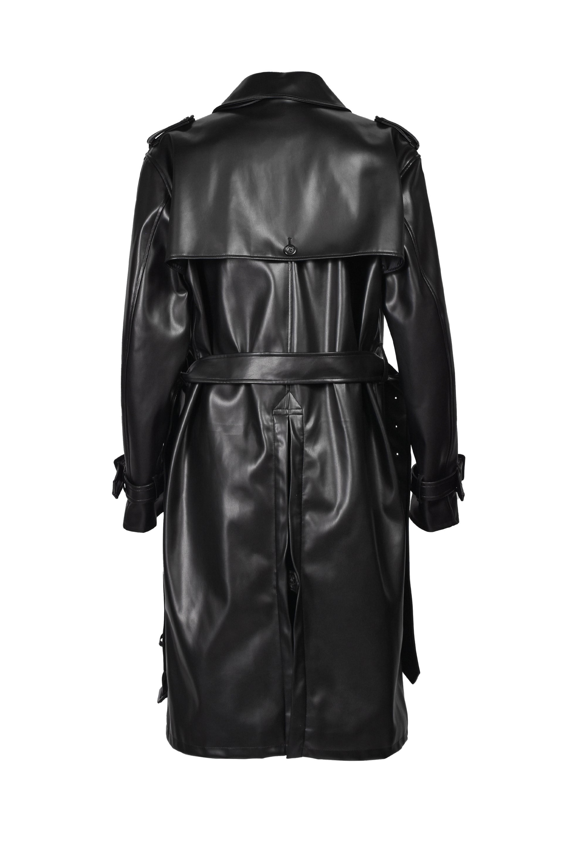 FAUX LEATHER TRENCH COAT / BLK