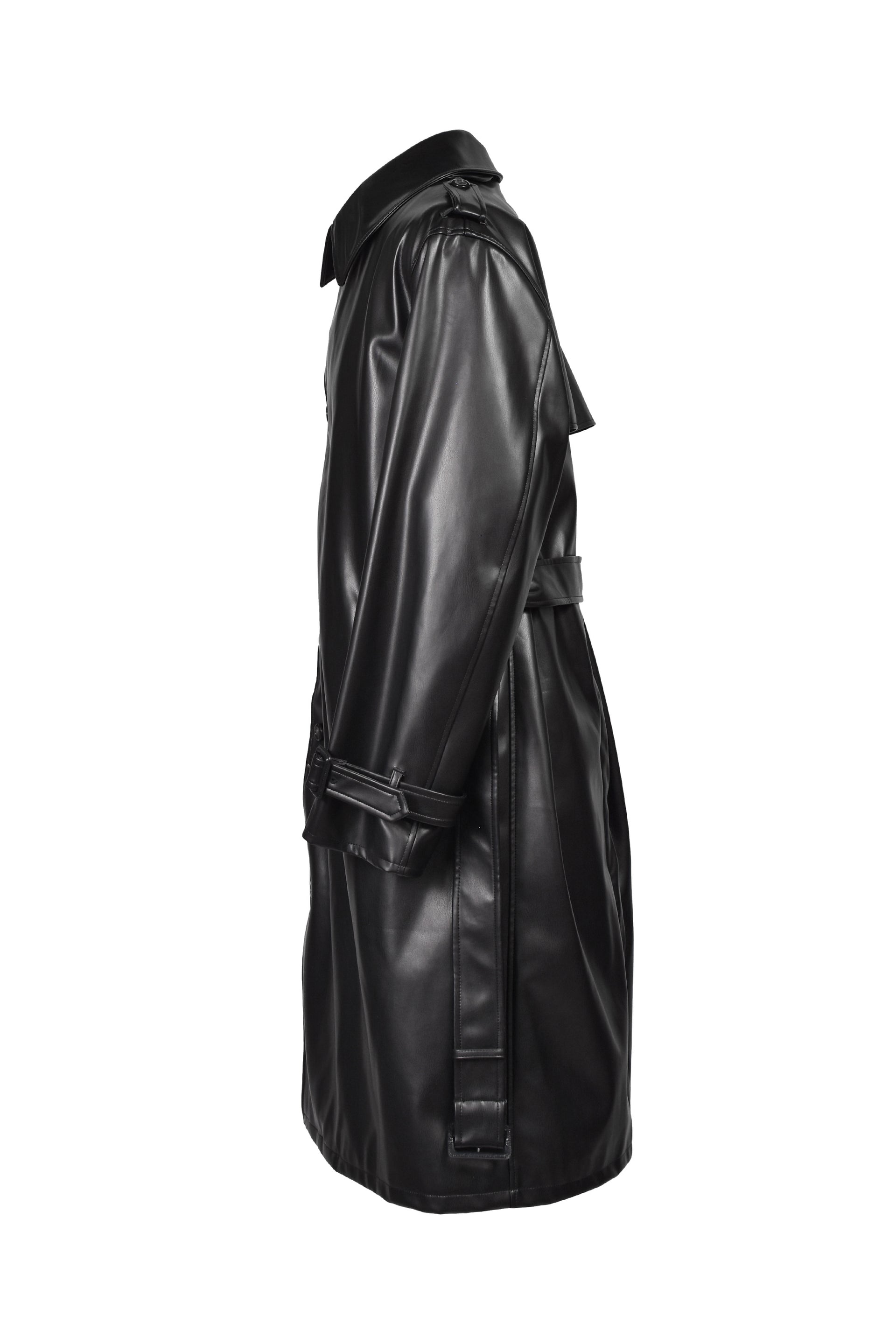 FAUX LEATHER TRENCH COAT / BLK