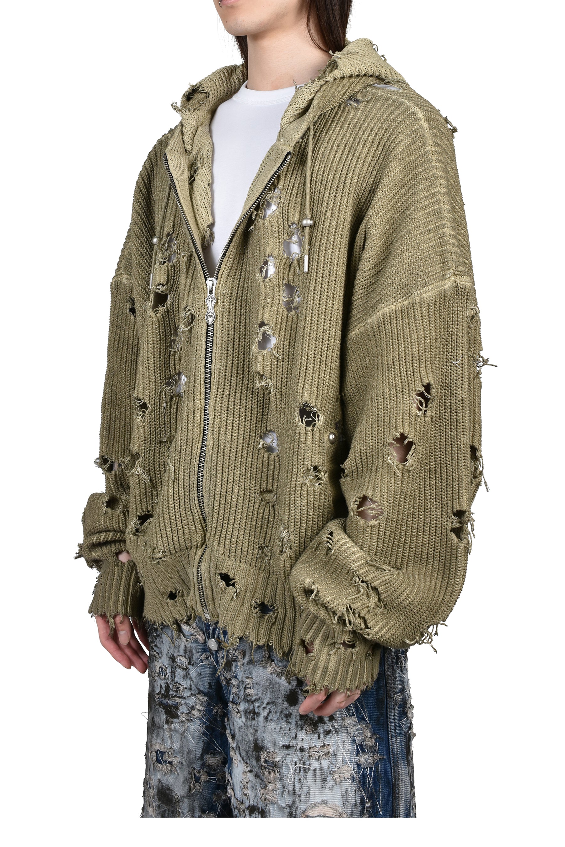 Thug Club サグクラブ SS26 TC DESTROYED KNIT ZIP-UP HOODIE / BEI