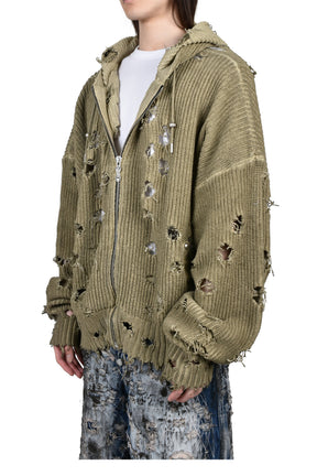 TC DESTROYED KNIT ZIP-UP HOODIE / BEIGE