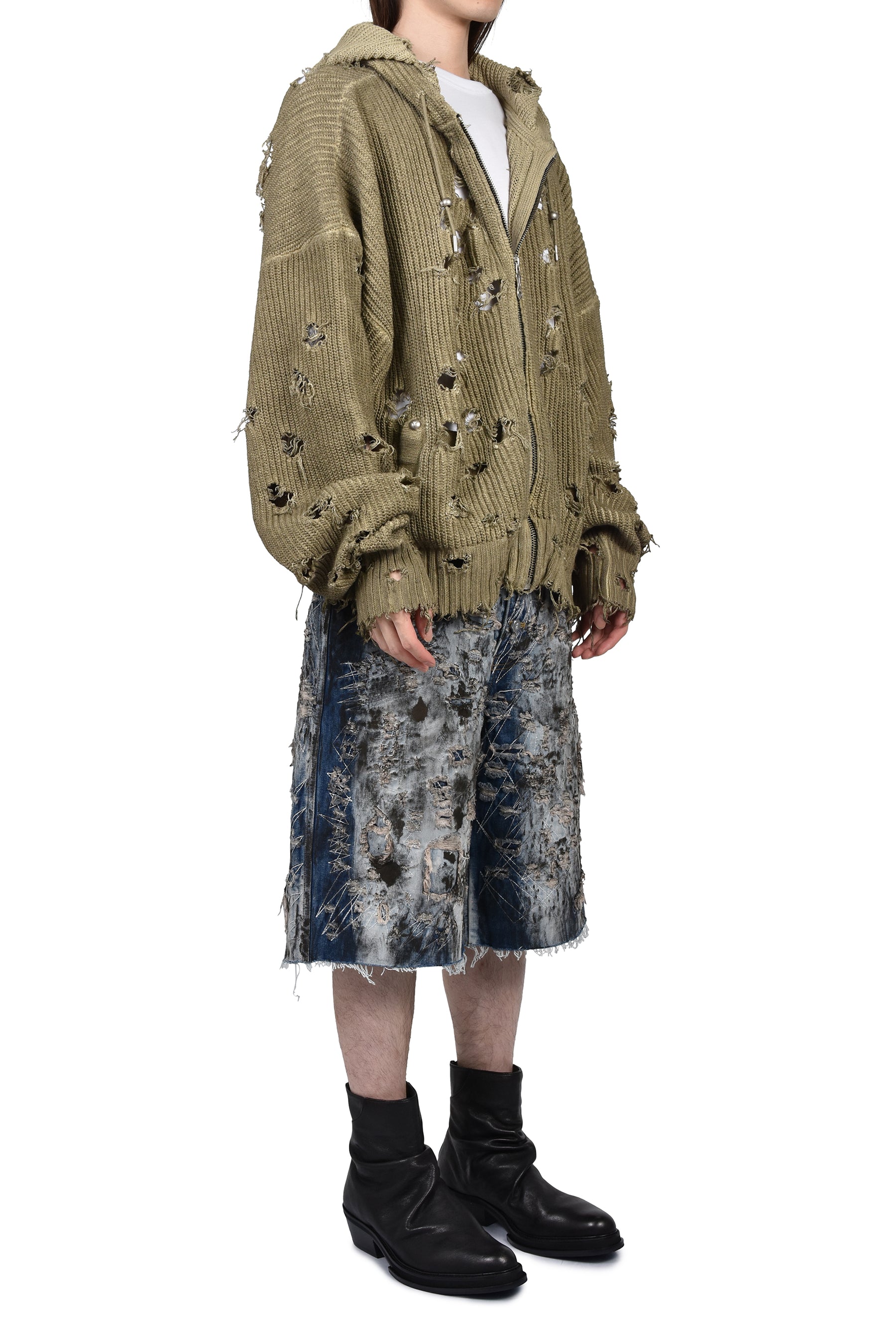 TC DESTROYED KNIT ZIP-UP HOODIE / BEIGE